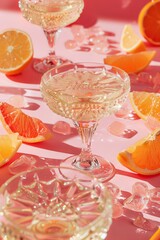 Crystal glasses filled with champagne, rose sparkling wine, or paloma cocktails, set against a soft