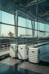 Luggage suitcases at the airport in a wide banner format with ample copy space, ideal for vacation