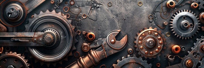 Ultra sharp photo illustrating a metal-themed background incorporating mechanical tools, pipes