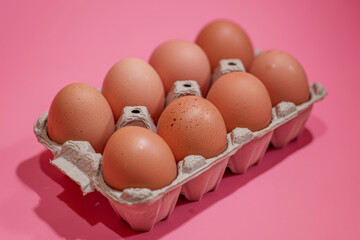 Brown Eggs in a Cardboard Carton on Pink Background