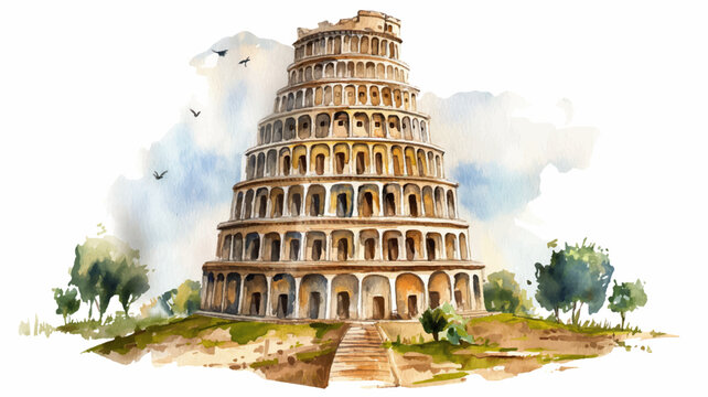 watercolor aquarelle illustration painting of Tower of Babel on white background