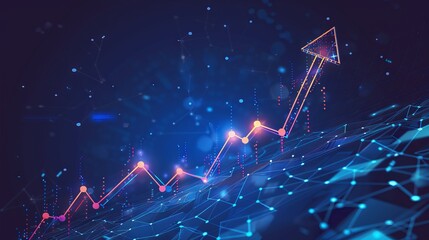 business arrow up growth technology on grid line dark blue background. graph stock market trading investment. chart trend profit income. vector 