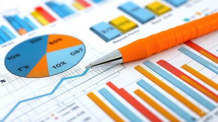 Closeup of Orange Pen on Financial Charts and Graphs - Photo