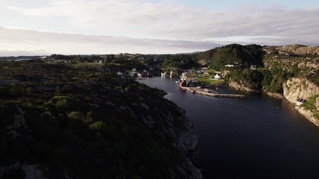 Norwegian inlet with sunshine. drone video