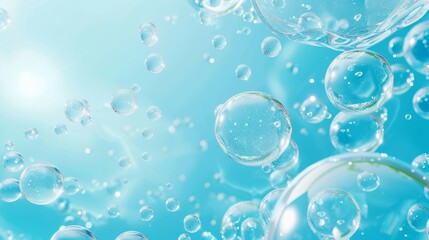 Collagen serum or essence drops on blue background. Collagen serum bubbles. Cosmetic essence. Concept skincare cosmetics solution. 