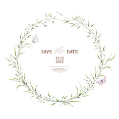 Watercolor invitation design with leaves wreath and butterflies © Artnizu