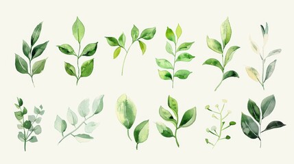 Watercolor Green Design Element. Clipart of Creeping Green Leaves
