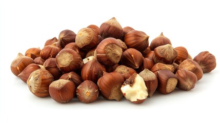 Fototapeta premium Hazelnuts in their shells. A pile of nuts isolated on a white background.