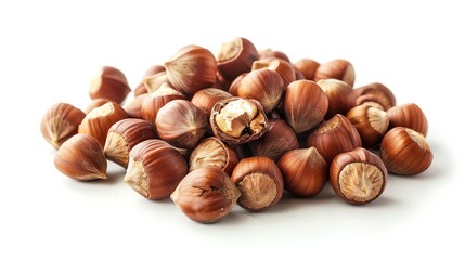 Fototapeta premium Hazelnuts in their shells. A pile of nuts isolated on a white background.