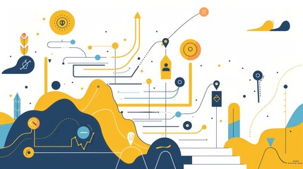 Create a vertical roadmap with a clear path from the top to the bottom of the page. Each step or milestone can be represented by an icon or small illustration, with connecting lines or arrows guiding 