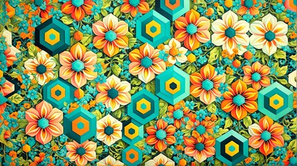 Fototapeta premium Illustration of a geometric floral pattern with hexagonal shapes and bright, contrasting colors. Surreal Painting Art Style. Background. 4