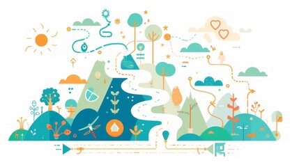 Fototapeta premium Create a vertical roadmap with a clear path from the top to the bottom of the page. Each step or milestone can be represented by an icon or small illustration, with connecting lines or arrows guiding