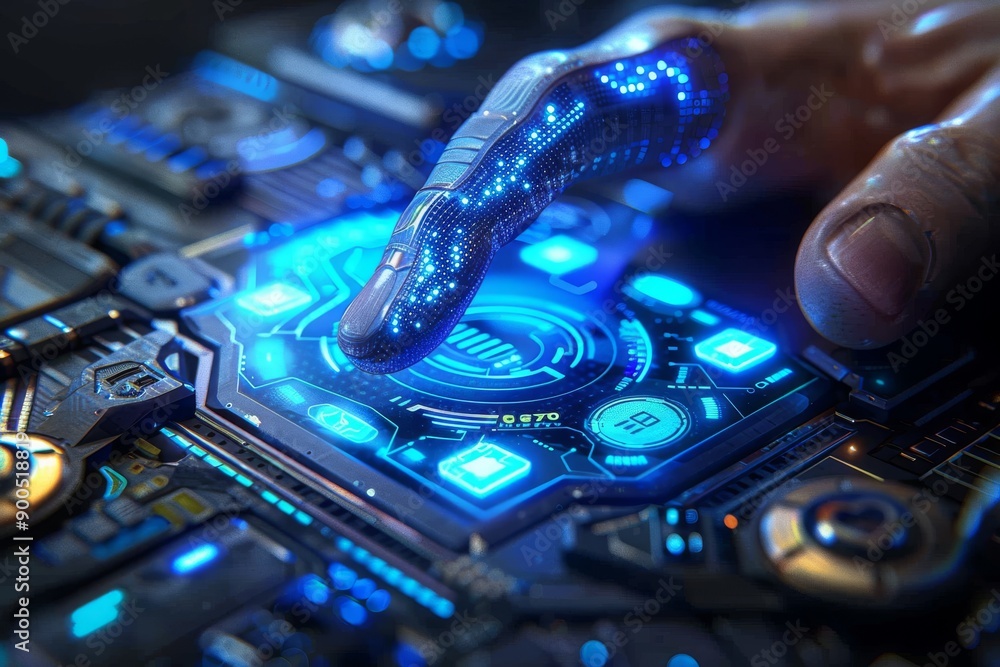 Poster robotic hand interacting with circuit blue light futuristic technology ai interface cybernetics high