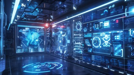 Obraz premium Design a 3D environment with floating holographic screens and interactive media panels. --ar 16:9 Job ID: 14efe5b2-7f6e-4e73-8c6f-ee4f6d49055c