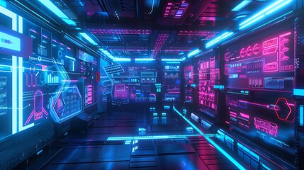 Naklejka premium Design a room or virtual space with multiple interactive holographic displays, advanced streaming interfaces, and futuristic user interfaces. The room can be filled with neon lights and digital 
