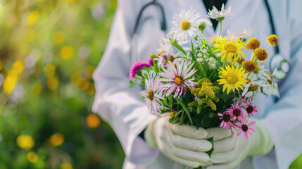 Allergist and Immunologist's Day. The doctor holds a bouquet of wildflowers
