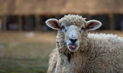 Fototapeta premium Playful sheep with tongue out