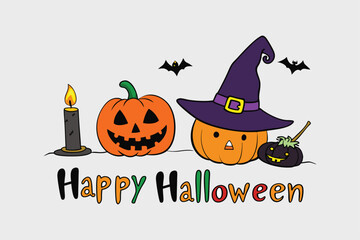 Witch Hat Pumpkin Cat Candle Happy Halloween Vector Illustration.