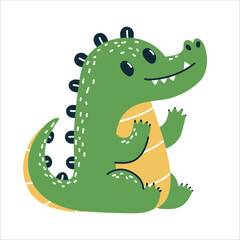 Naklejka premium Cute hand drawn green alligator sitting with a smile and a striped belly.