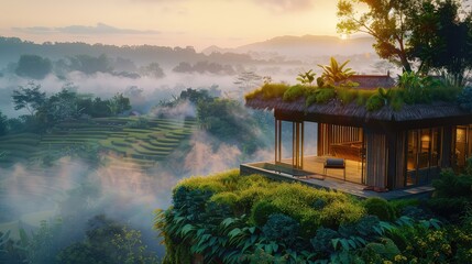 Scenic view of a wooden cabin on a lush hill overlooking foggy rice terraces and mountains at sunrise.