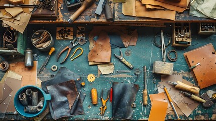 Top view of a cluttered workbench with leatherworking tools and materials. The bench is made of wood and painted green.