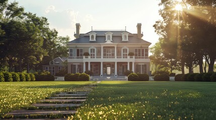Obraz premium A stunning two-story mansion with a beautiful garden and a pathway leading towards the grand entrance, bathed in soft morning sunlight.