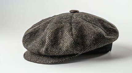 Black wool newsboy hat isolated on white background.