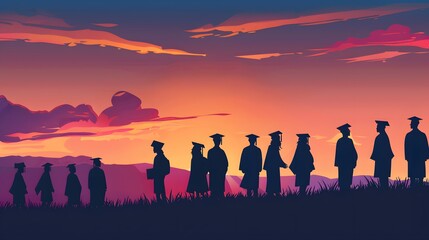 Fototapeta premium Silhouettes of students with graduate caps in a row on panoramic sunset background. Graduation ceremony at university web banner. 