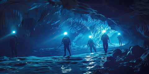 Deep Cave Exploration: Adventurers with headlamps navigating a dark cave's twists and turns