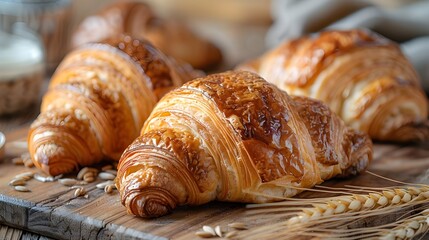 Close-up tasty Freshly Baked Golden Croissants on Wooden Table, home made baked golden croissants.