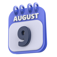 9th August Calendar Icon 3D Render