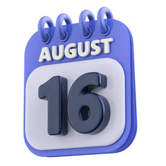 16th August Calendar Icon 3D Render