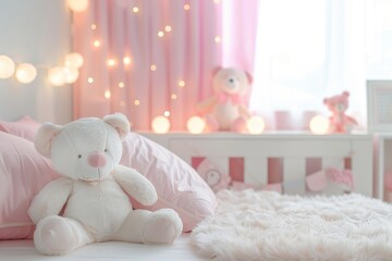 Cozy Pink Nursery with Stuffed Animals and String Lights in Soft Lighting