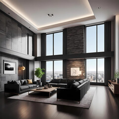 Fototapeta premium Modern interior of a living room. Penthouse Loft with dark stone walls (3d Rendering)
