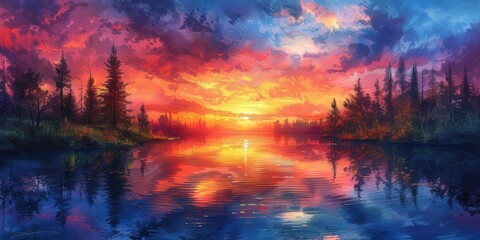 Vibrant Sunset Reflection on a Serene Lake Surrounded by a Majestic Forest