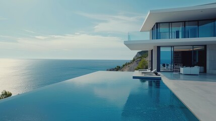 Fototapeta premium Luxury modern villa with infinity pool and ocean view, capturing serenity and elegance in an idyllic vacation setting.