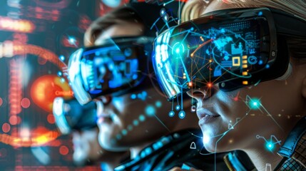 Fototapeta premium Illustrate users wearing AR glasses or headsets, with virtual icons, controls, and media overlays integrated into their real environment. --ar 16:9 Job ID: 583276f2-37b6-48c6-b97f-57ba5a84449d