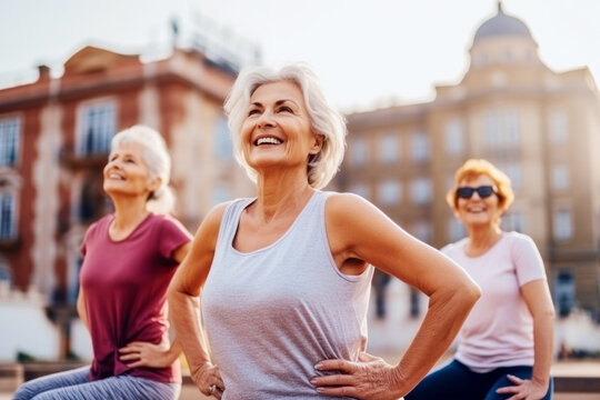 Adult athletic women training together outdoors, active lifestyle and wellbeing