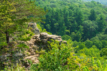 A scenic overlook in a park with forest covered hills.