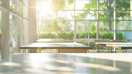 Empty Classroom with Sunlight Streaming Through Large Windows