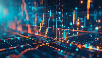 Obraz premium Innovative Trade Analytics: Futuristic Forex Chart with Interconnected Data Points and Blue Glowing Grid, Representing Wealth, cutting-edge forex chart with interactive data points.