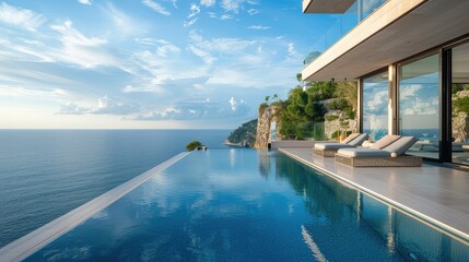 Modern luxury villa with infinity pool overlooking the ocean and scenic coastal view under a bright blue sky with fluffy clouds.