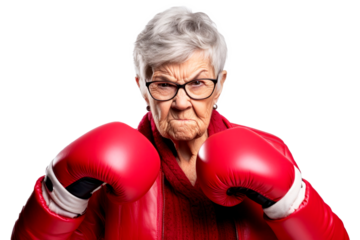 Angry old woman in red boxing gloves on a transparent background