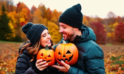 Couple's Halloween Fun in the Autumn Woods: A playful couple in winter attire embrace the spirit of Halloween with two carved pumpkins, standing in a picturesque autumn forest setting, radiating warmt