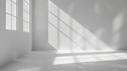 Fototapeta premium Minimal abstract light gray background for product presentation. Soft shadow and light from windows on white wall. --ar 16:9 Job ID: 93dce305-43e9-4aec-9fd6-9752e2f38856