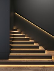 Obraz premium Sleek Contemporary Staircase with Black Railing and Warm Wooden Steps in Modern Home Interior with Minimalist Decor, Enhanced with Hyper-Realistic Lighting