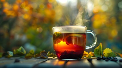 Tea scene with blurred green background, serene cup of tea with steam on wooden table, hot tea in glass cup with nature background.