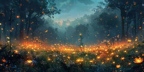 Fototapeta premium Enchanted Firefly Forest Landscape at Twilight