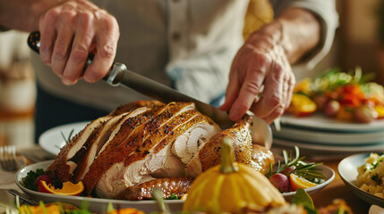 close-up shot of hands carving a perfectly roasted Thanksgiving turkey, with slices falling onto a serving platter