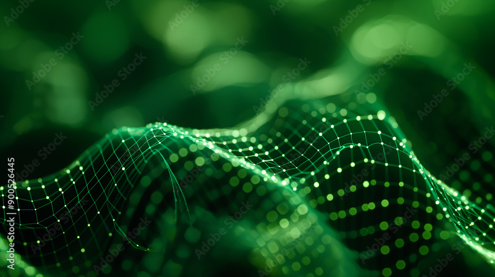 Poster dynamic green network of lights and waves creating visual patterns in a digital space